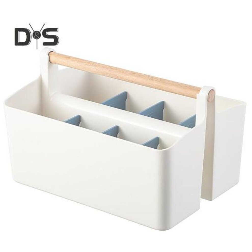 (blue, S) Desktop Plastic Caddy with Wooden Handle Art Supply Organizer Bin with Adjustable Dividers Makeup Basket Storage Tote for Colored Pencils Brushes