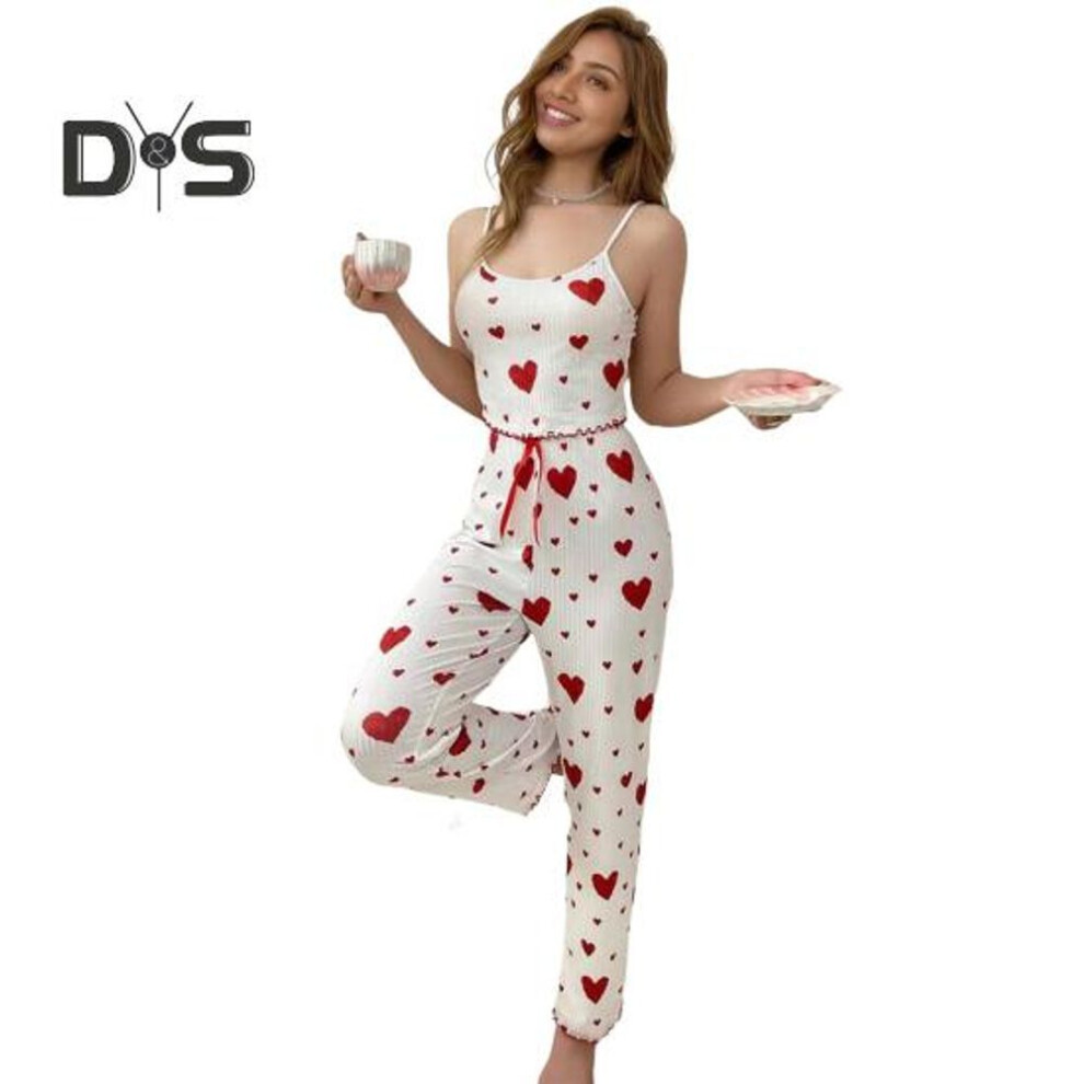 (L, red) 2 Pcs/Set Women Pajamas Suit Sleeveless Backless Shirring Top Heart Printing Elastic Waist Wide Leg Sleepwear Spring Fall Homewear Clothes