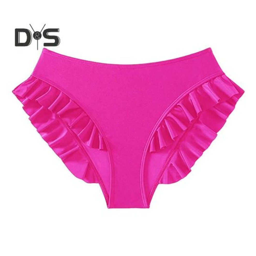 (M, rose red) Women Swimming Trunks High-waisted Ruffle Trim Bikini Bottoms With Tummy Control Quick-drying Swimwear Beachwear