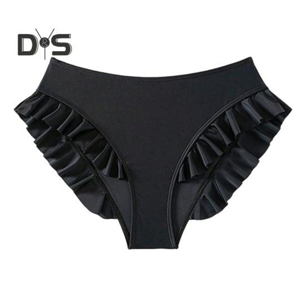 (XL, black) Women Swimming Trunks High-waisted Ruffle Trim Bikini Bottoms With Tummy Control Quick-drying Swimwear Beachwear