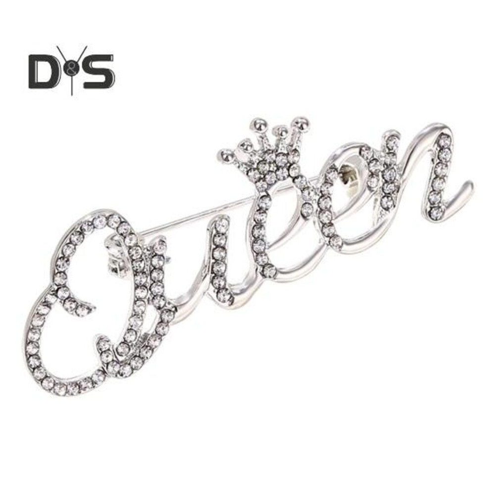 (silver) Fashion Rhinestone Queen Letter Brooch Pins For Women Luxury Crown Corsage Party Wedding Gifts Clothing Accessories