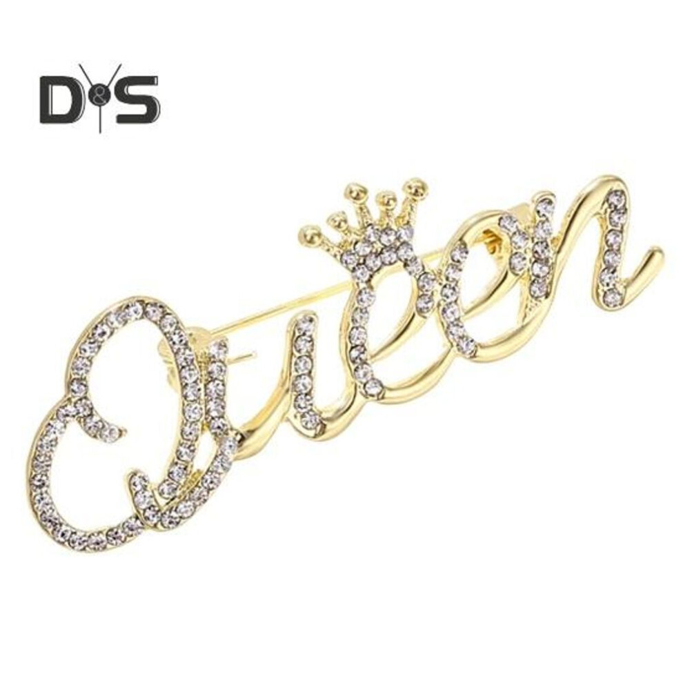 (golden) Fashion Rhinestone Queen Letter Brooch Pins For Women Luxury Crown Corsage Party Wedding Gifts Clothing Accessories