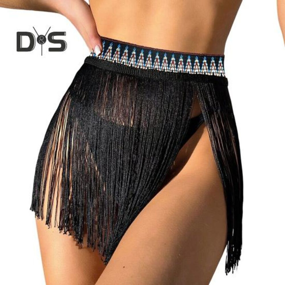 (L, black white) Swim Skirt Cover-up High Waist Solid Color Tassel Sun Protection Beach Bikini Skirt Pool Beach Hot Spring Sexy Swimwear
