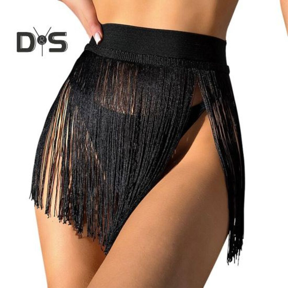 (L, black) Swim Skirt Cover-up High Waist Solid Color Tassel Sun Protection Beach Bikini Skirt Pool Beach Hot Spring Sexy Swimwear