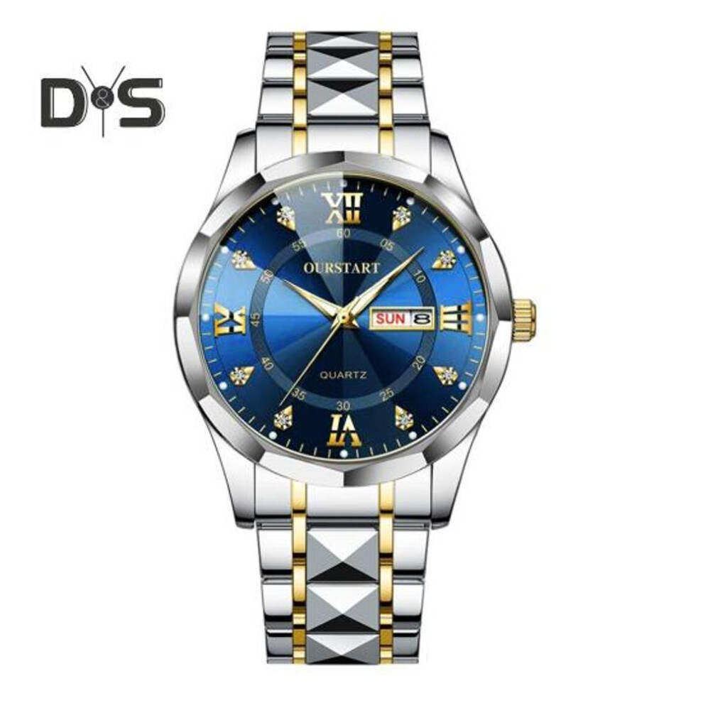 (blue) Men Quartz Watch Round Dial Alloy Waterproof Night Light No Delay Time-checking High Accuracy Wristwatch Business Commute Timepiece