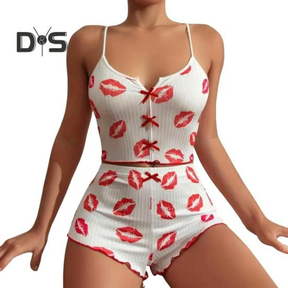 (M, red) 2 Pcs/set Women Summer Pajamas Suit Butterfly Heart Printing Sleeveless Backless Cop Top High Waist Mini Shorts Daily Nightie Slim Fit Sleepwear