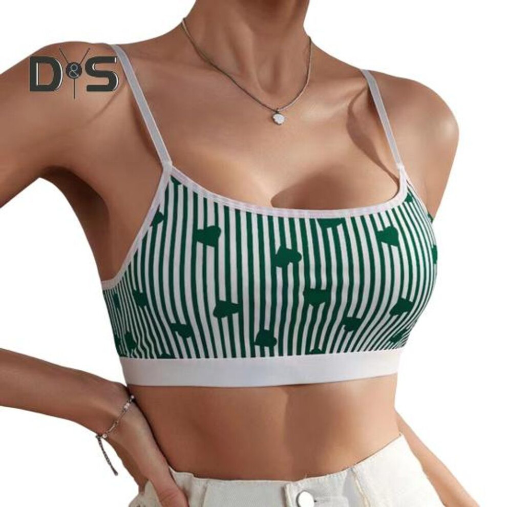 (L, dark green) Women Sport Vest Heart Striped Printing Spaghetti Strap Padded Cropped Top Backless Sleeveless Base Layer Slim Fit Home Daily Wear Vest