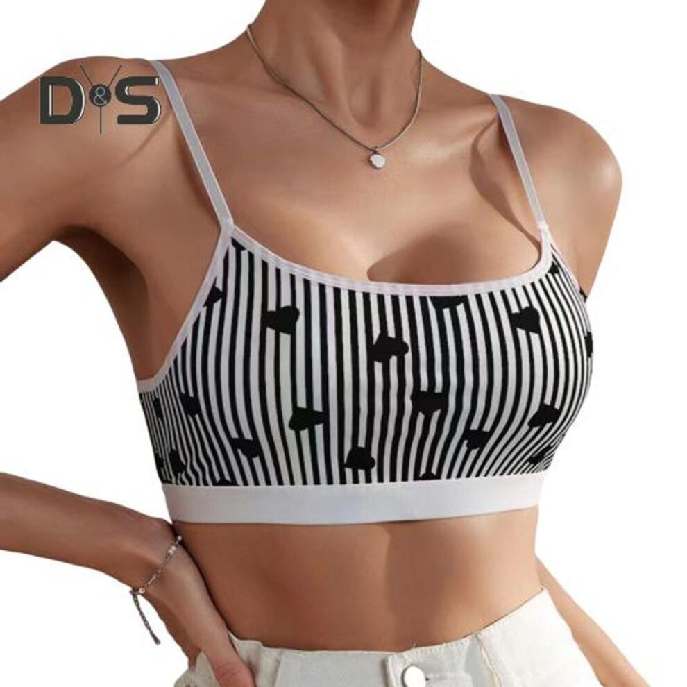 (M, black) Women Sport Vest Heart Striped Printing Spaghetti Strap Padded Cropped Top Backless Sleeveless Base Layer Slim Fit Home Daily Wear Vest