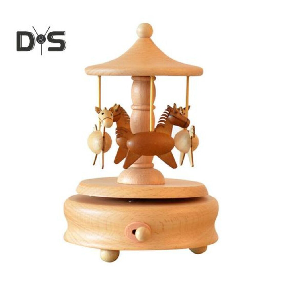 Wooden Carousel Music Box Handmade Rotating Horse Educational Musical Toy Home Office Desktop Decoration Ornament Kids Adults Birthday Christmas Gift