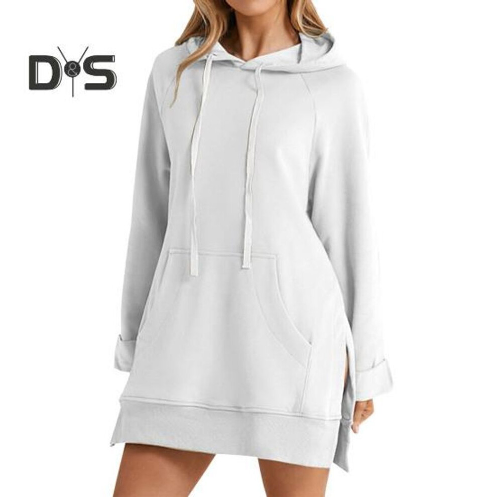 (M, white) Women Hoodie Dress Slit Hem Drawstring Loose Solid Color with Big Pocket Hooded Pullover Mid Length Top Commuting Dating Sport Hoodie