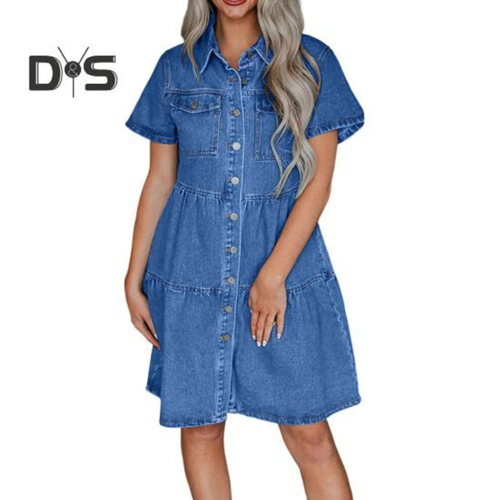 (blue, S) Women Dnim Dress A-line Patchwork Bing Swing with Chest Pockets Single-breasted Midi Dress Solid Color Turn-down Collar Summer Dress Young Style