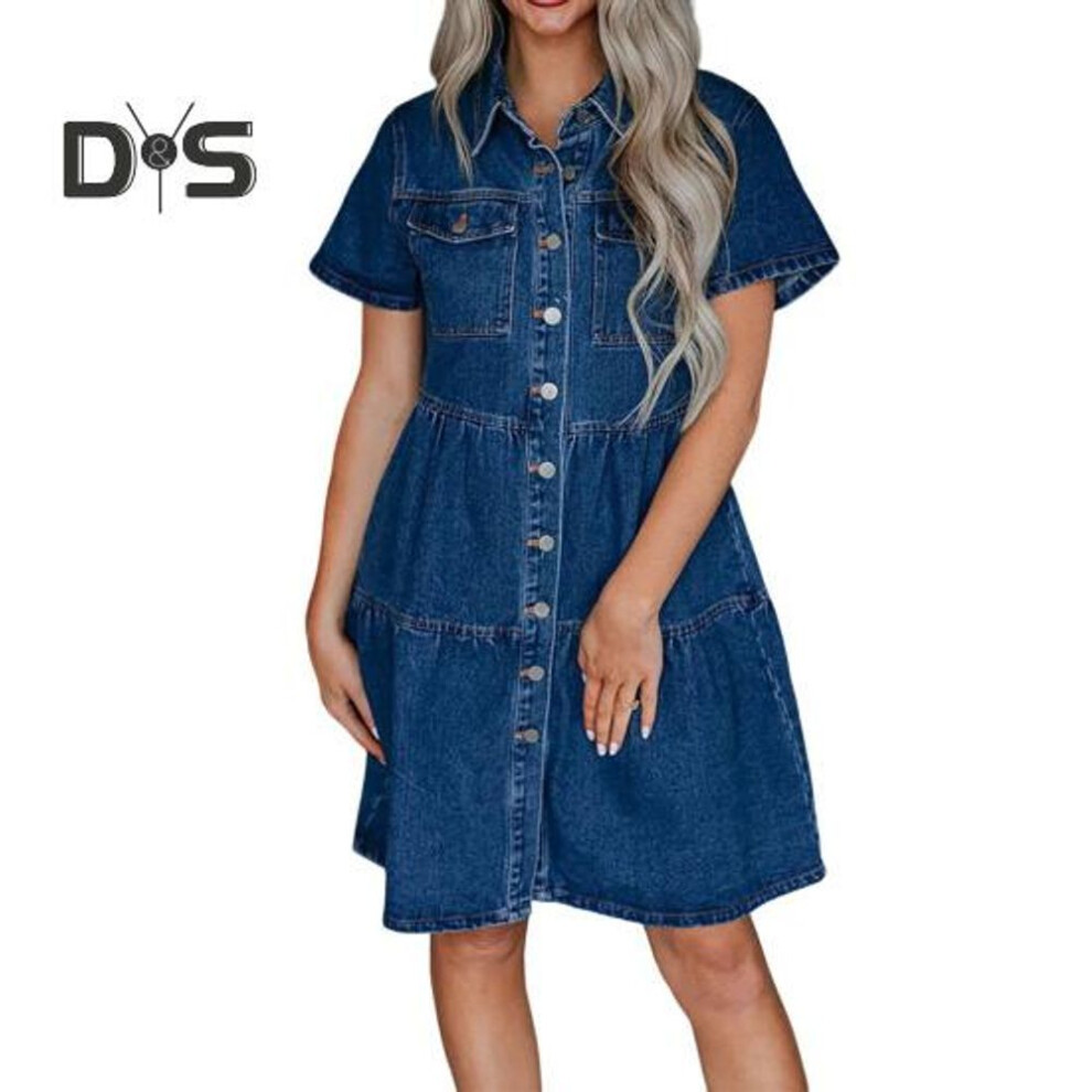 (dark blue, S) Women Dnim Dress A-line Patchwork Bing Swing with Chest Pockets Single-breasted Midi Dress Solid Color Turn-down Collar Summer Dress Young Style