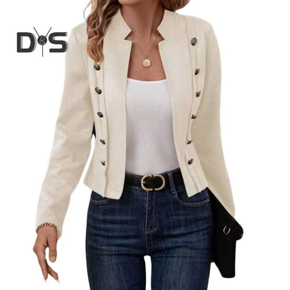 (beige, S) Spring Auutmn Lady Coat Double-breasted Stand Collar Buttons Slim Fit Long Sleeves Retro Style Cardigan Daily Wear Outdoor Jacket