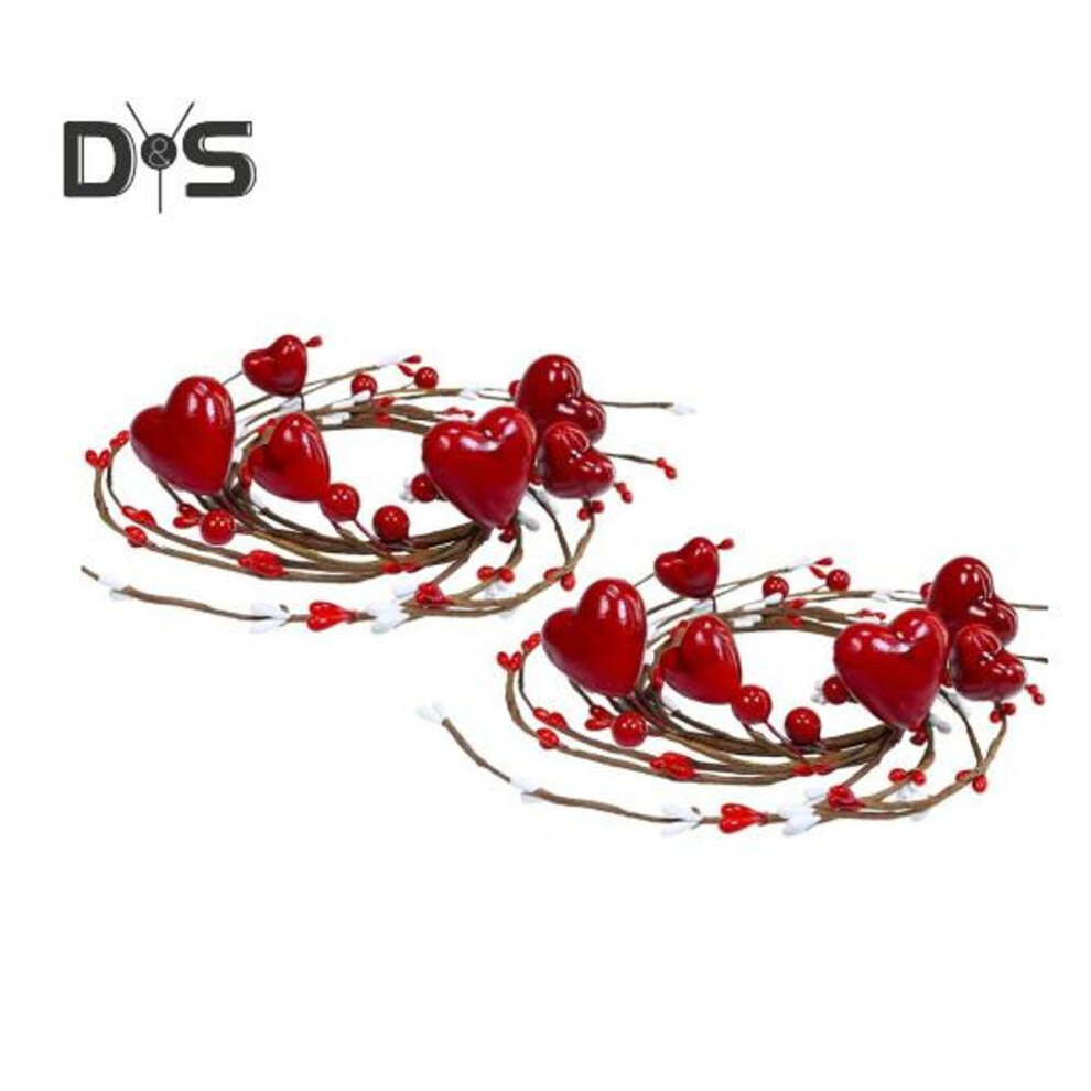 (as the picture, 2pcs) 1Pc/2Pcs Red Heart Candle Rings Wreaths Artificial Berry Candle Holder Mini Wreath for Valentine's Day Home Kitchen Table Centerpiece