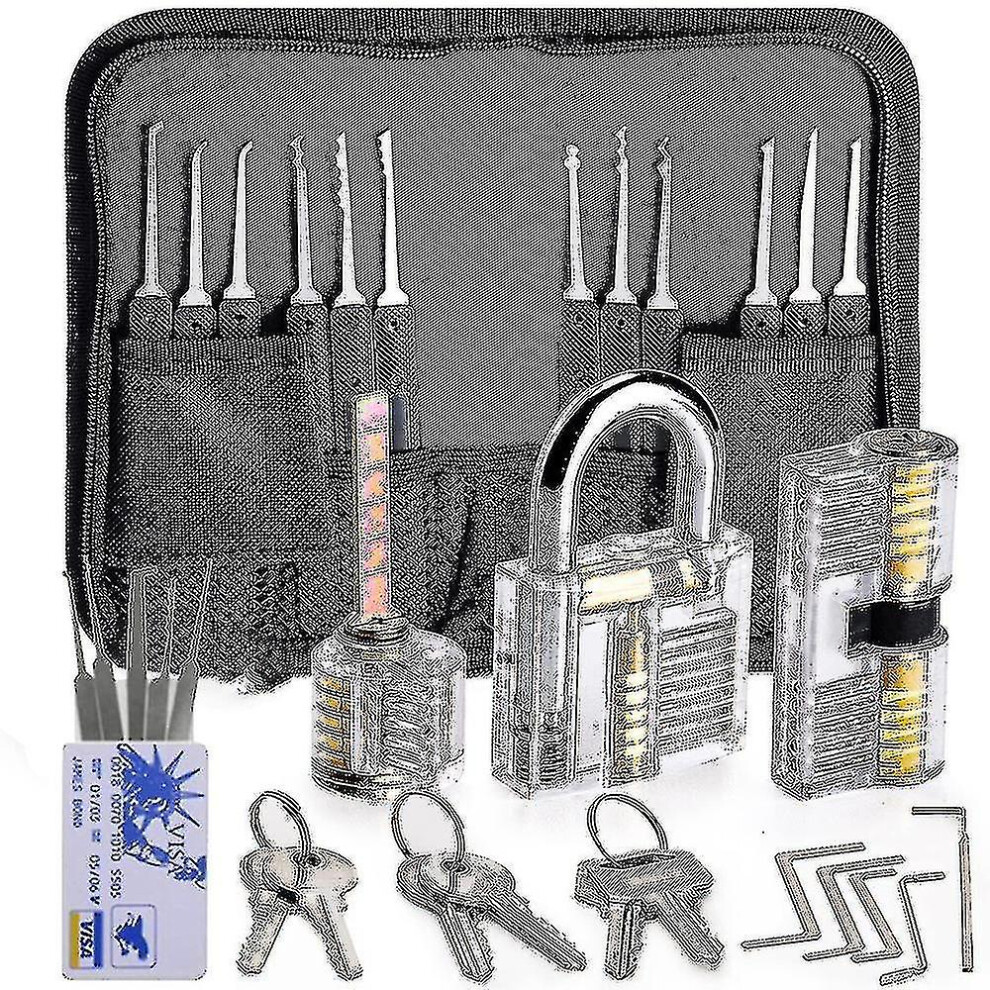 (As show, One size) 30-piece Lock Picking Set, Lock Pick Set With 3 Transparent Training Locks And Instructions-D