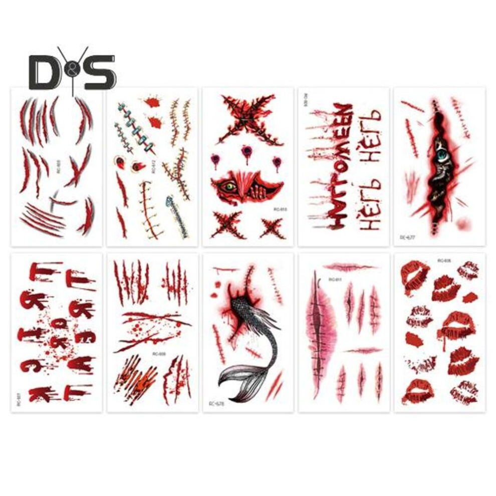 (as the picture, C) 10pcs Halloween Tattoo Stickers Scar Temporary Cosplay Body Art Decal Kids Easter Finger Realistic Pattern Face Stickers Spooky Atmosphere Party