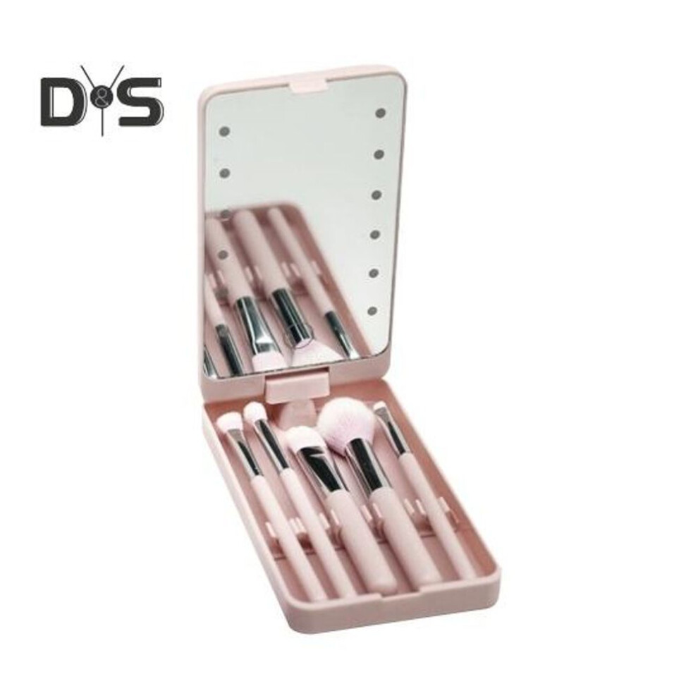 (pink) 1 Set Makeup Brush Led Mirror Box Foundation Loose Powder Eye Nose Shadow Cosmetic Brush Portable Travel Women Girls Makeup Tools
