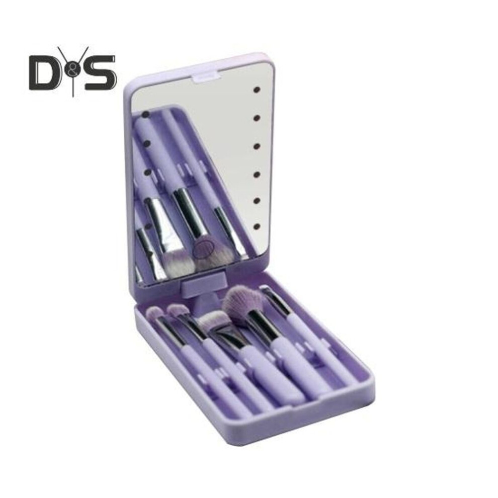 (purple) 1 Set Makeup Brush Led Mirror Box Foundation Loose Powder Eye Nose Shadow Cosmetic Brush Portable Travel Women Girls Makeup Tools