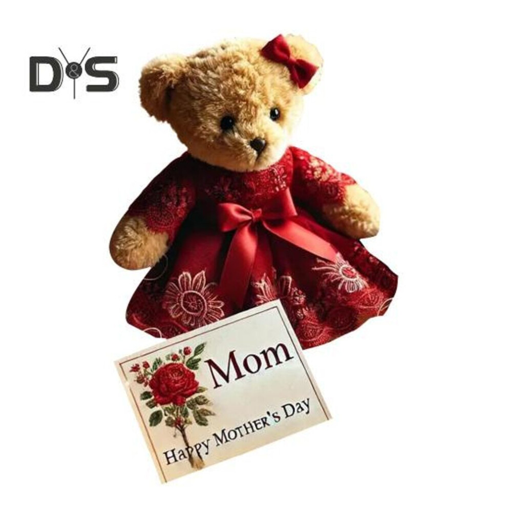 (red) Mother's Day Teddy Bear Gift Box Emotional Support Plush Toy Doll Elegant Handmade Lace Dress Bear with Card Keepsake for Mom Grandma