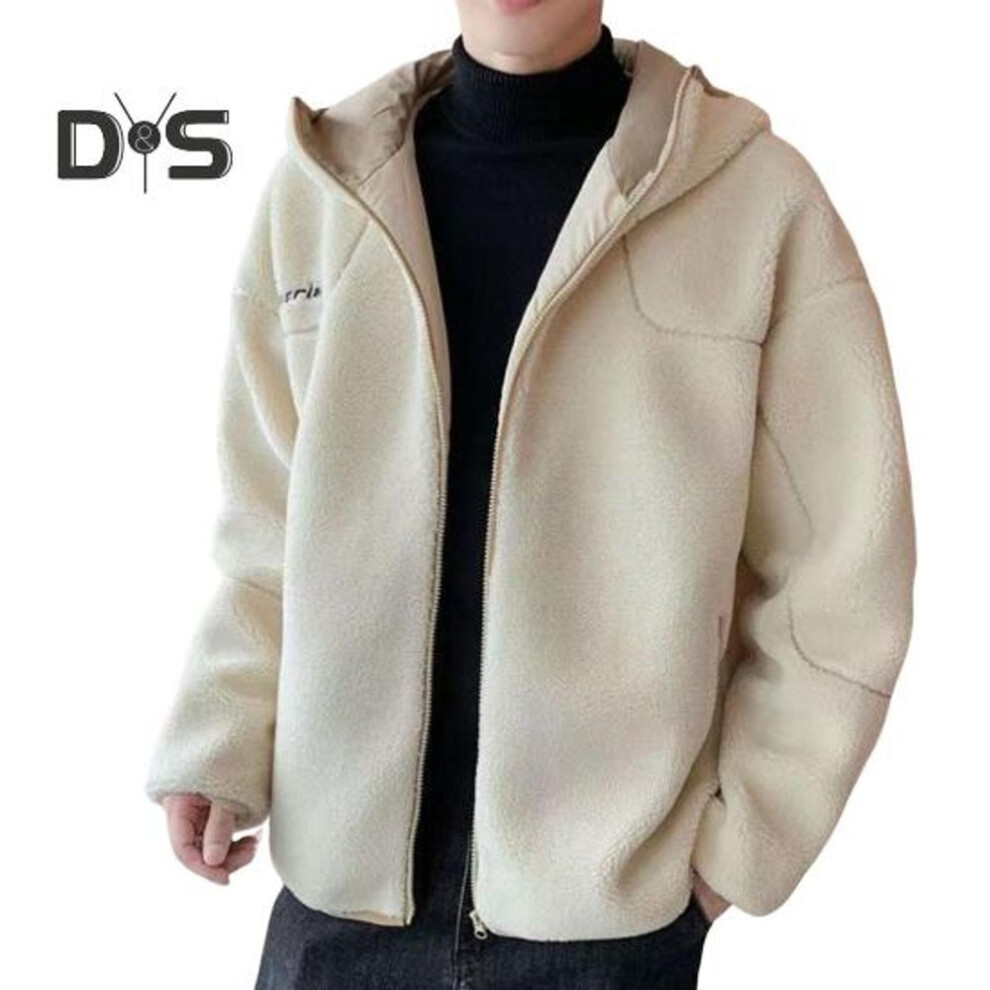 (beige, L) Men Jacket Coat Hooded Long Sleeve Embroidery Letter Print Solid Color Coat Zipper Placket Thick Fleece Warm Winter Outwear