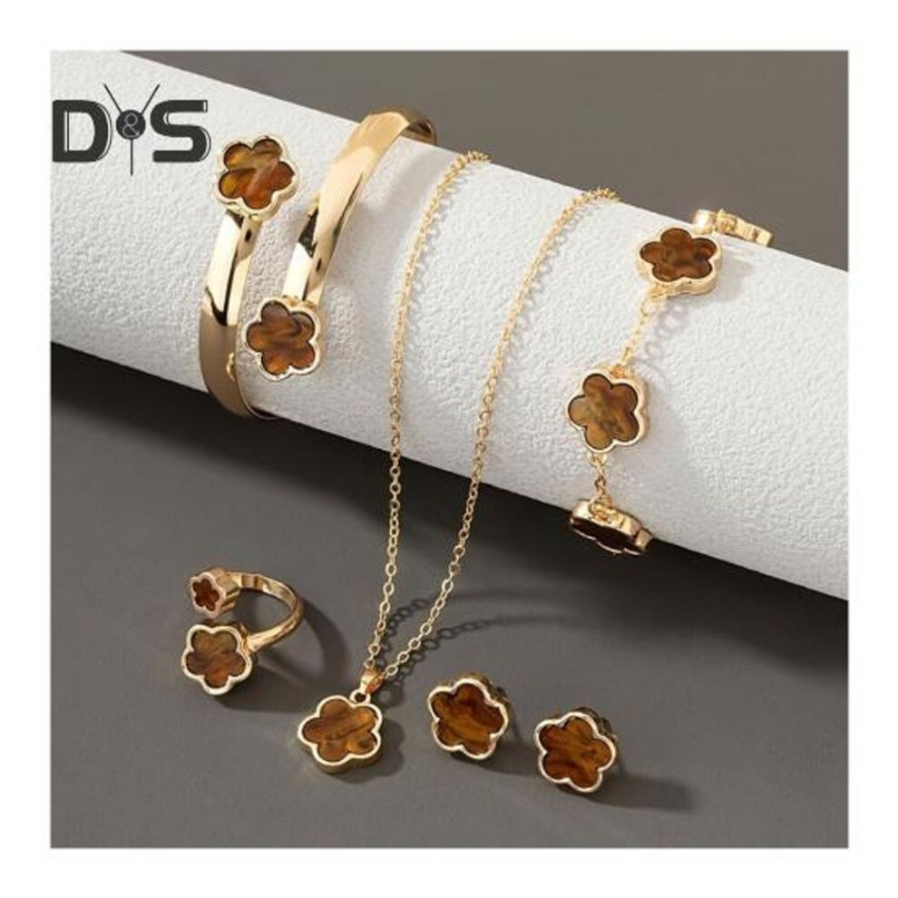 (coffee) 5Pcs/Set Women Jewelry Set Lucky Flower Decor Sparkling Rhinestones Necklace Bracelet Bangle Earrings Ring Set Fashion Jewelry