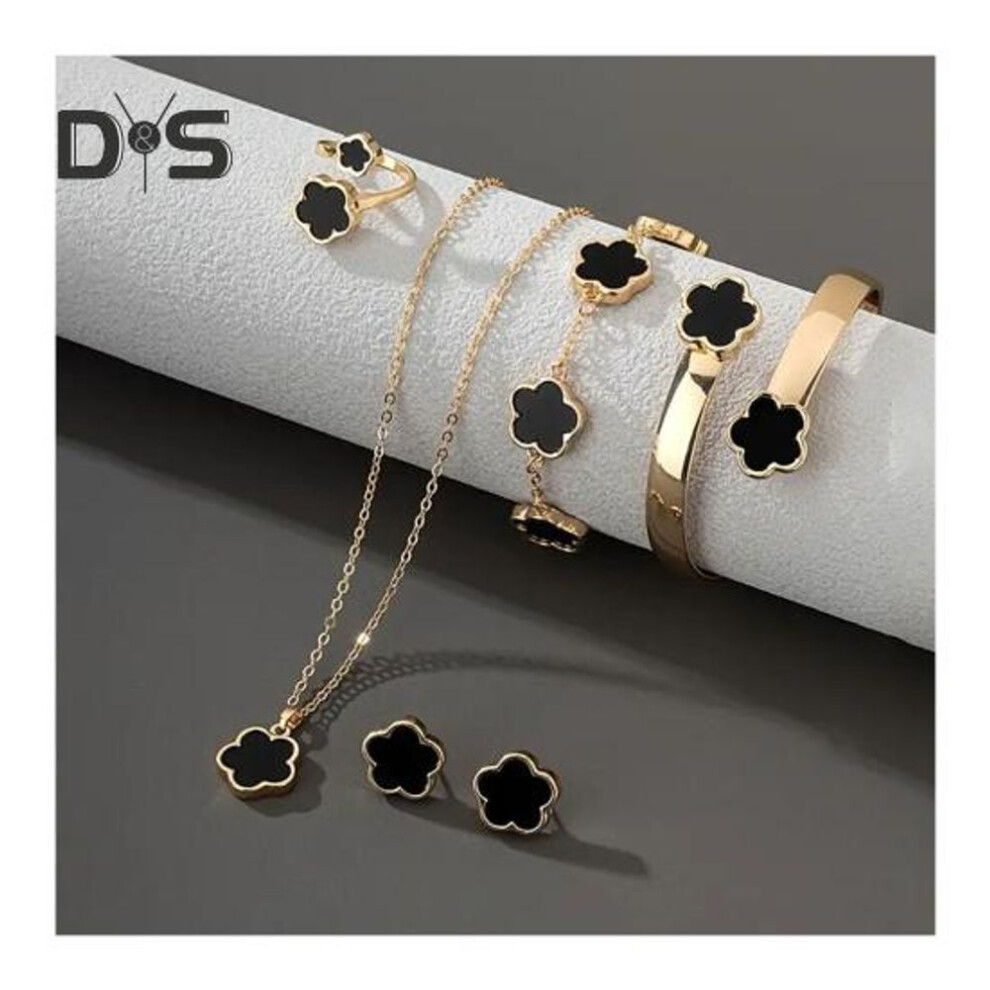 (black) 5Pcs/Set Women Jewelry Set Lucky Flower Decor Sparkling Rhinestones Necklace Bracelet Bangle Earrings Ring Set Fashion Jewelry