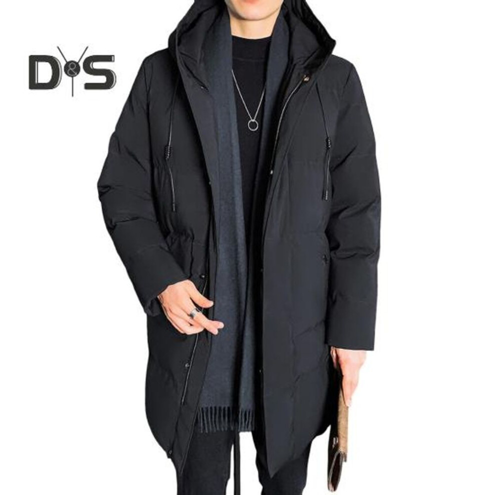 (black, L) Men Cotton Coat Hooded Drawstring Long Sleeve Full Zipper Closure Cotton Jacket With Side Pockets Solid Color Mid-length Winter Outwear