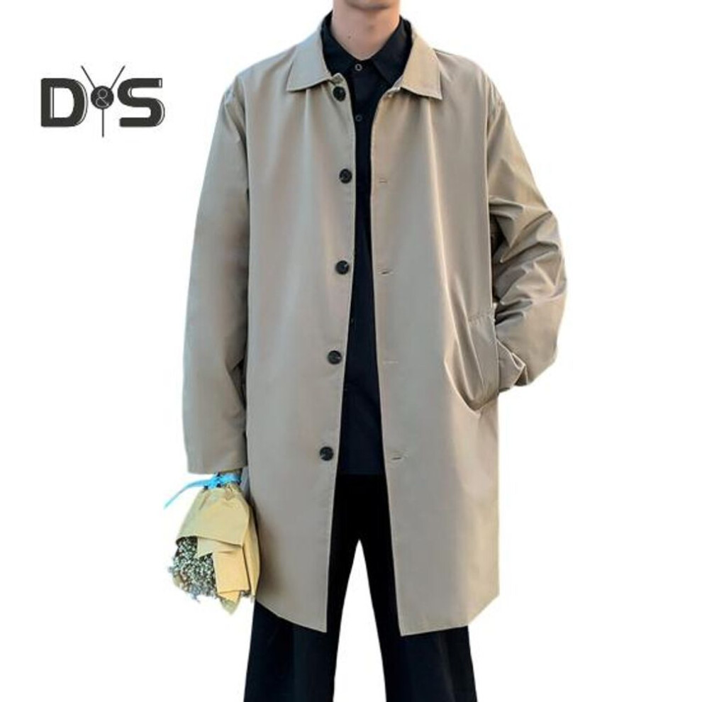 (khaki, L) Men Windbreaker Coat Lapel Long Sleeve Double Breasted Trench Coat With Pockets Solid Color Loose Fit Casual Mid-length Outwear