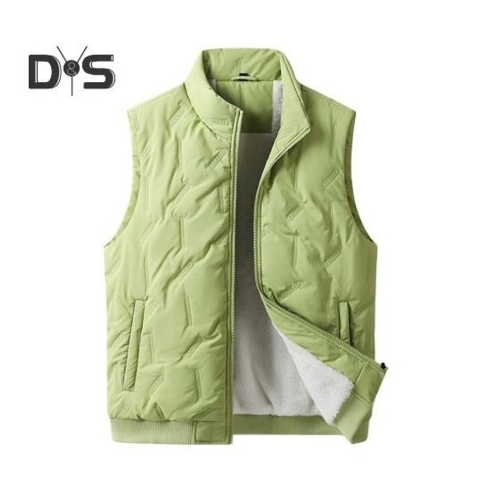 (2XL, light green) Men Vest Coat Stand Collar Sleeveless Zipper Placket Vest Jacket With Pockets Solid Color Thickened Velvet Lining Cotton Waistcoat