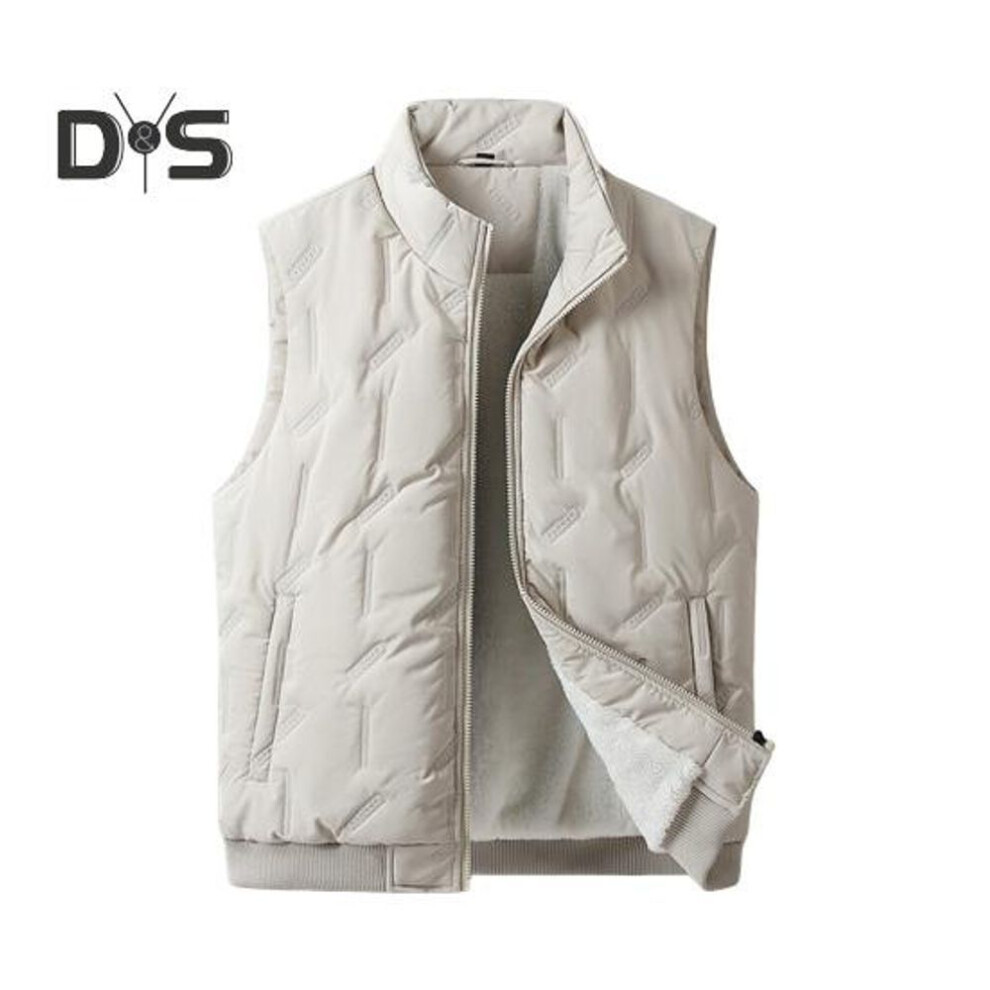 (L, beige) Men Vest Coat Stand Collar Sleeveless Zipper Placket Vest Jacket with Pockets Solid Color Thickened Velvet Lining Cotton Waistcoat
