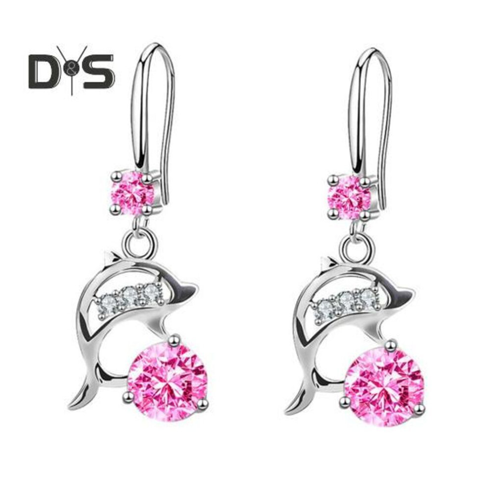 (pink) 1 Pair Korean Style Hook Earrings Dolphin Design Shiny Rhinestones Drop Earrings Women Mid-length Earrings