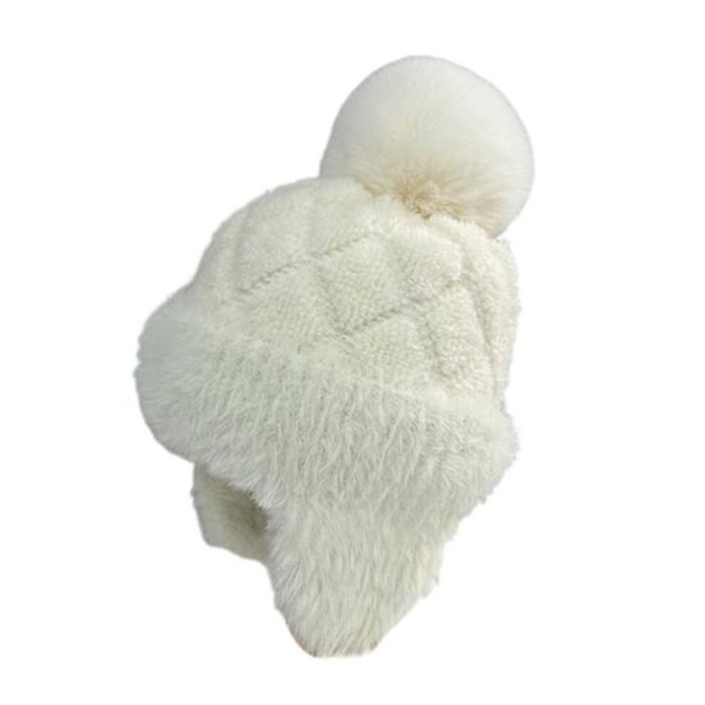 (white) Women Winter Hat With Earflaps Thick Plush Pom-pom Hat Ear Protecting Knitted Heat Retention Stretchy Cold Weather Outdoor Headwear