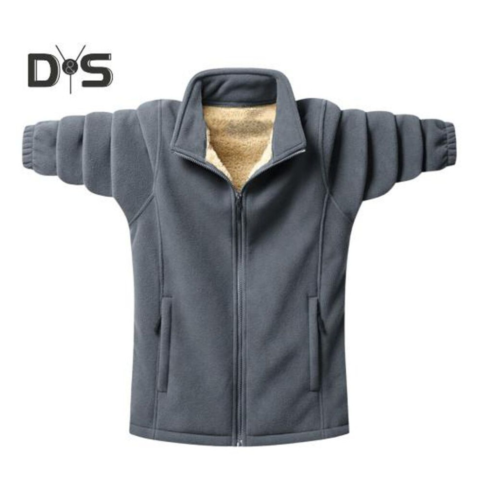 (grey, XXL) Men Cardigan Jacket Lapel Long Sleeve Polar Fleece Solid Color Coat With Pockets Zipper Placket Autumn Winter Thickened Outwear