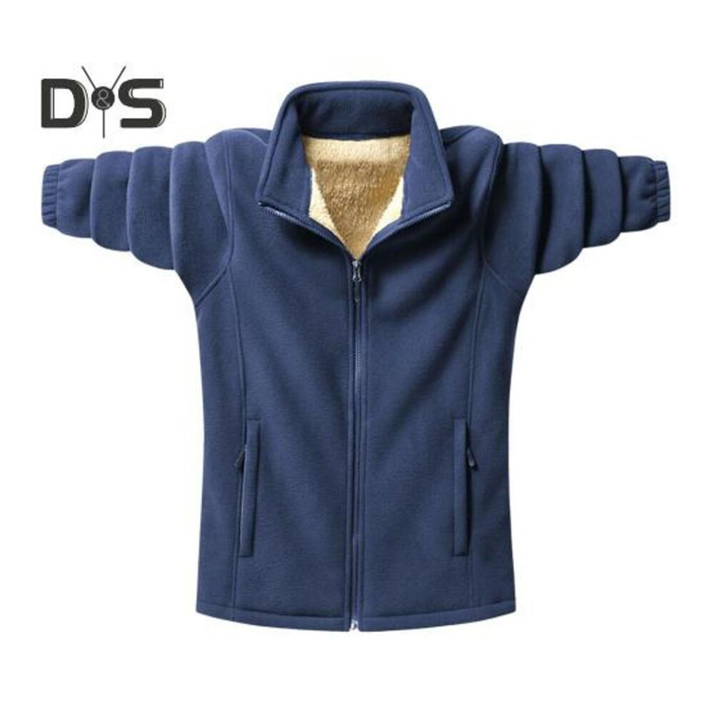 (dark blue, XL) Men Cardigan Jacket Lapel Long Sleeve Polar Fleece Solid Color Coat with Pockets Zipper Placket Autumn Winter Thickened Outwear
