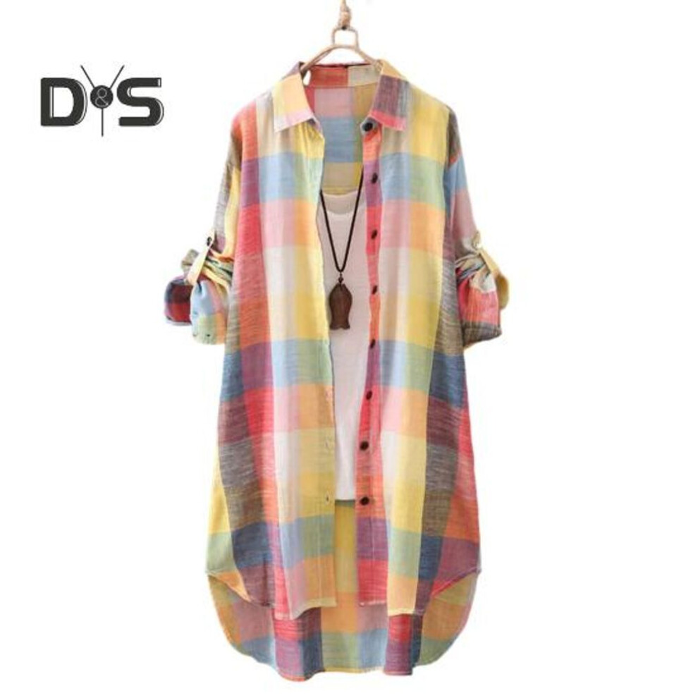 (2XL, orange,yellow) Women Shirt Plaid Print Contrast Color Irregular Hem Single breasted Long Sleeve Lapel Oversized Soft Breathable Lady Long Top