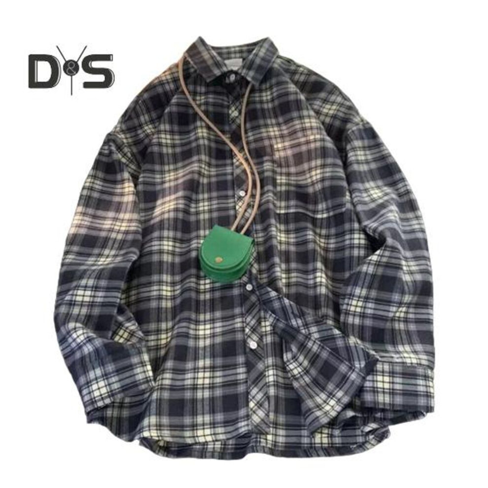(L, black white) Spring Fall Men Shirt Turn-down Collar Plaid Printing Loose Button-down Retro American Style Long Sleeve Streetwear Top for Travel Daily Wear