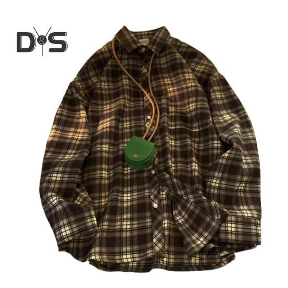 (XXL, coffee) Spring Fall Men Shirt Turn-down Collar Plaid Printing Loose Button-down Retro American Style Long Sleeve Streetwear Top For Travel Daily Wear