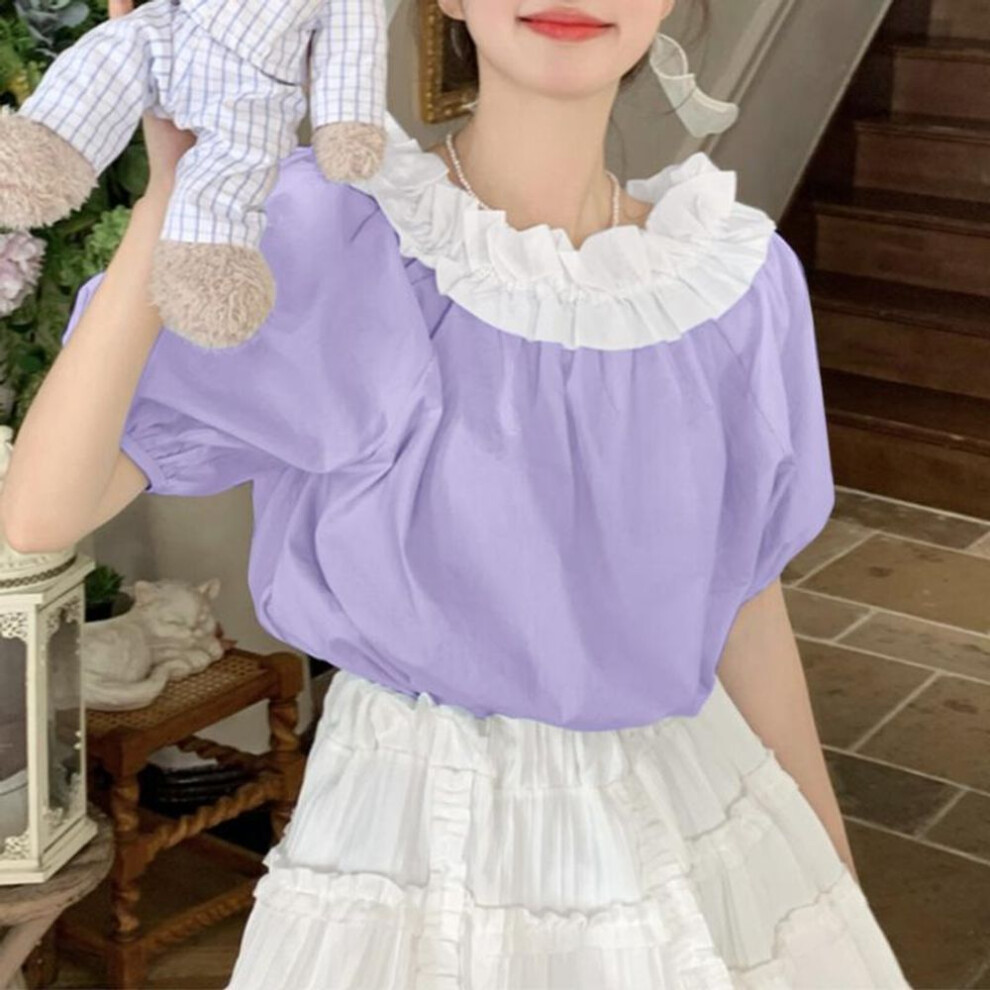 (3XL, purple) Vonda Women Summer Ruffle Round Neck Bubble Short Sleeve Blouses