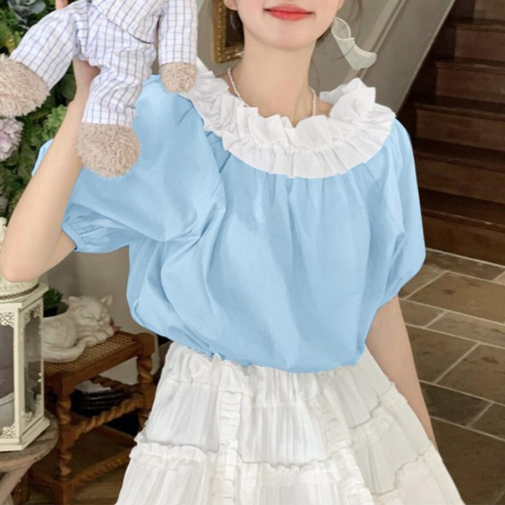 (4XL, blue) VONDA Women Summer Ruffle Round Neck Bubble Short Sleeve Blouses
