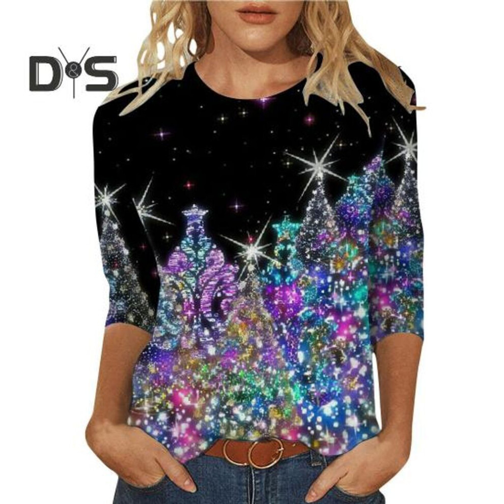 (XXXL A, as the picture) Christmas Printed Women T-shirt Round Neck 3/4 Sleeve Loose Fit Pullover Tops Xmas Tree Design Lightweight Tops
