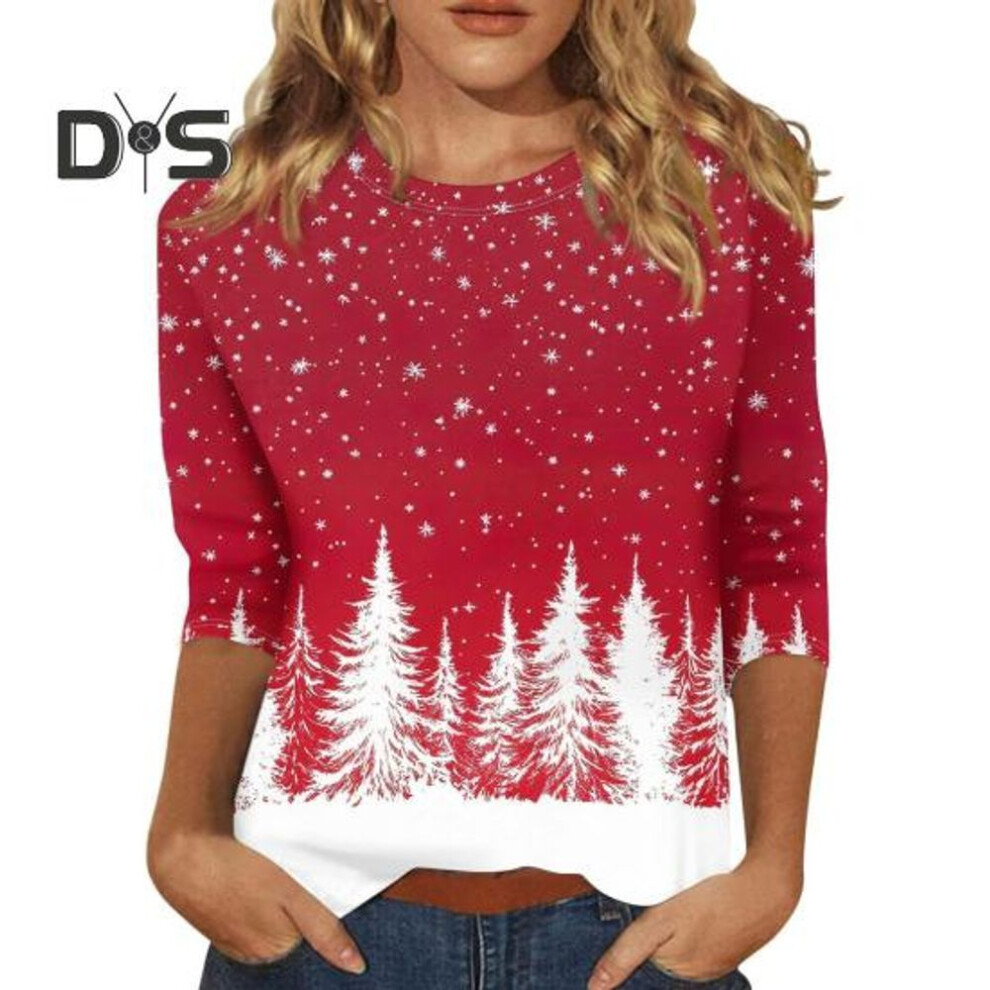 (XXXL C, as the picture) Christmas Printed Women T-shirt Round Neck 3/4 Sleeve Loose Fit Pullover Tops Xmas Tree Design Lightweight Tops