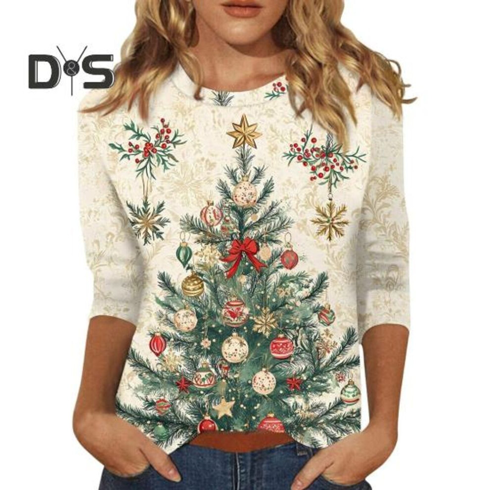 (M E, as the picture) Christmas Printed Women T-shirt Round Neck 3/4 Sleeve Loose Fit Pullover Tops Xmas Tree Design Lightweight Tops