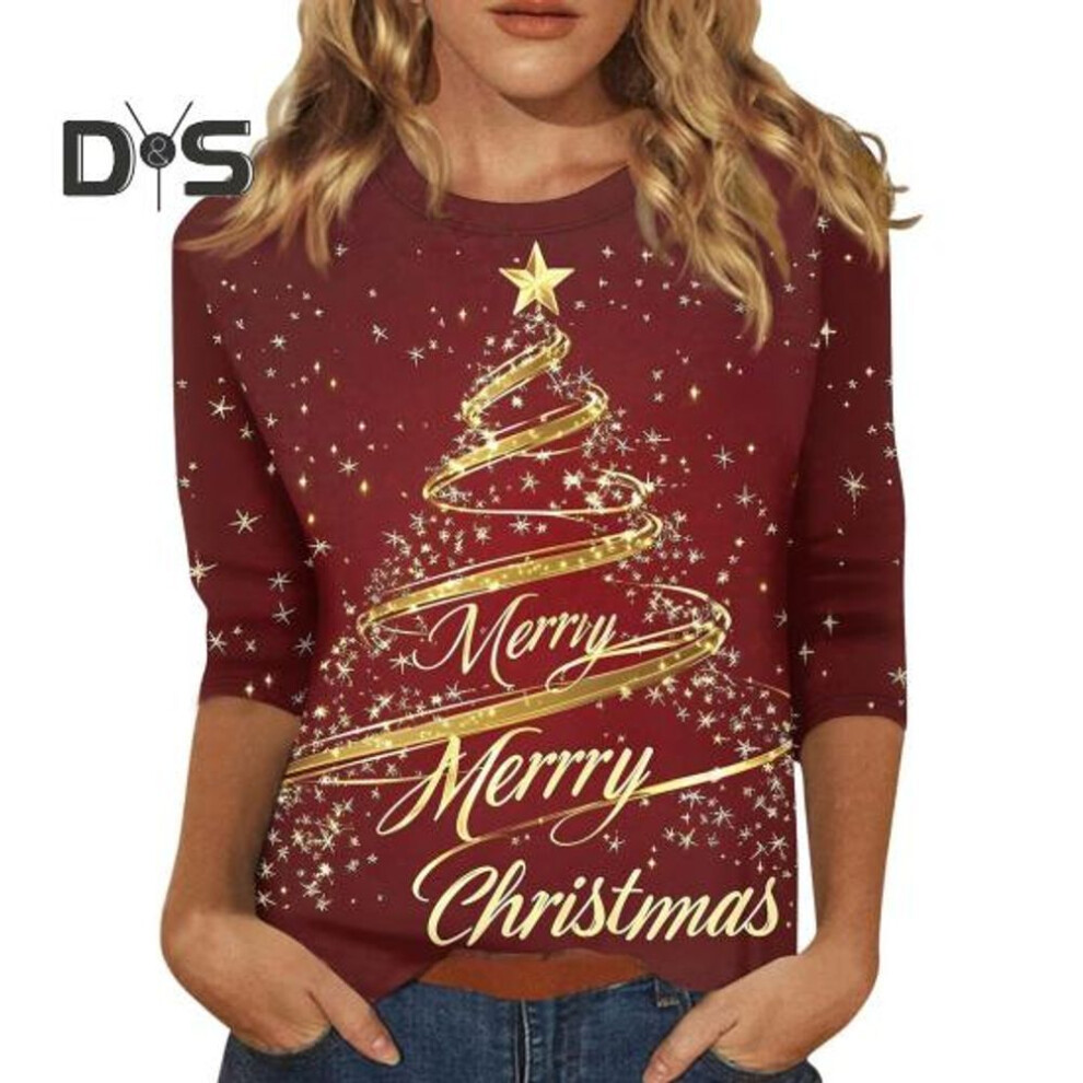 (S D, as the picture) Christmas Printed Women T-shirt Round Neck 3/4 Sleeve Loose Fit Pullover Tops Xmas Tree Design Lightweight Tops