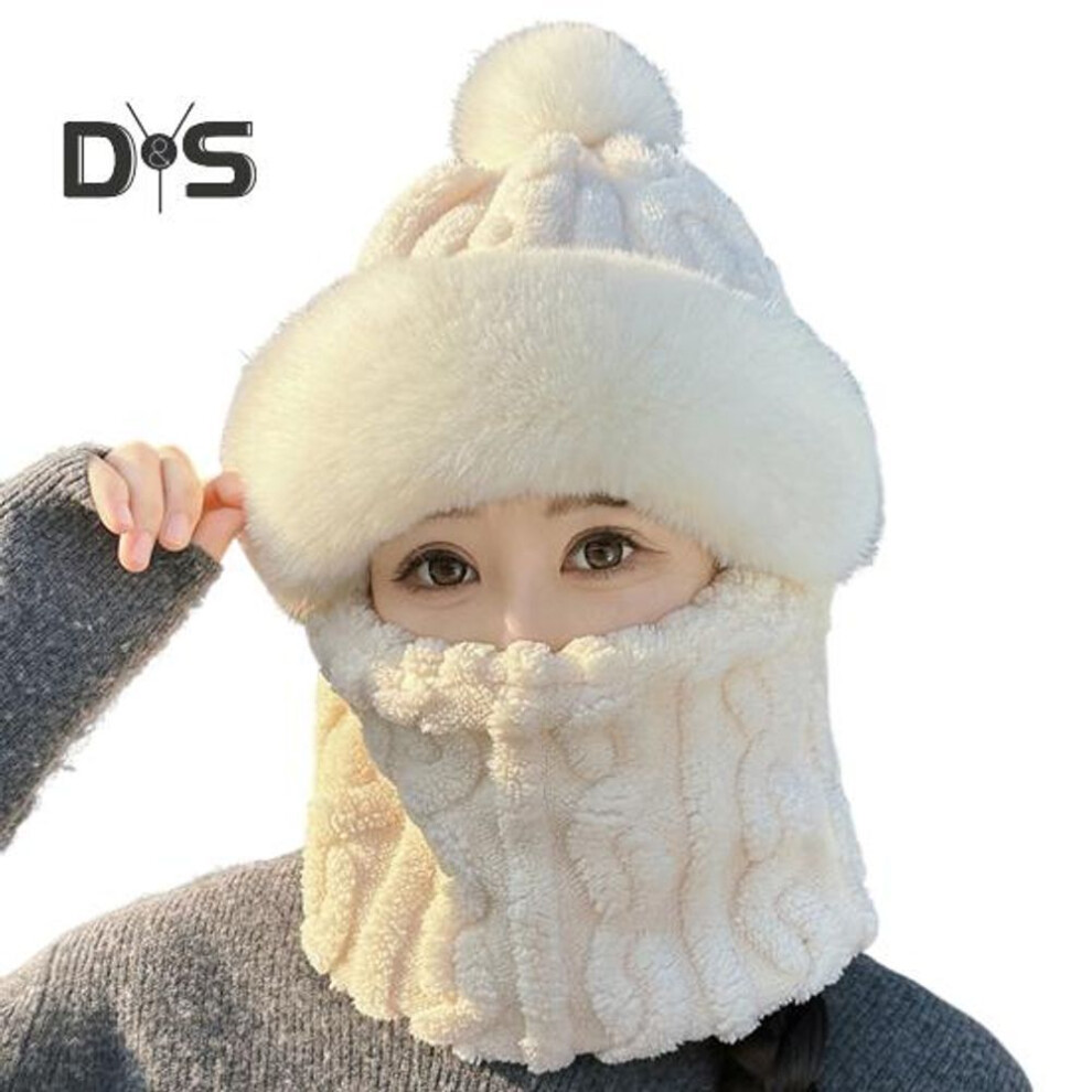 (beige) Winter Cycling Hat with Face Shield Adjustable Windproof Thick Double-layer Plush Full Protection Outdoor Pom-pom Hat Neck Warmer Cold Weather