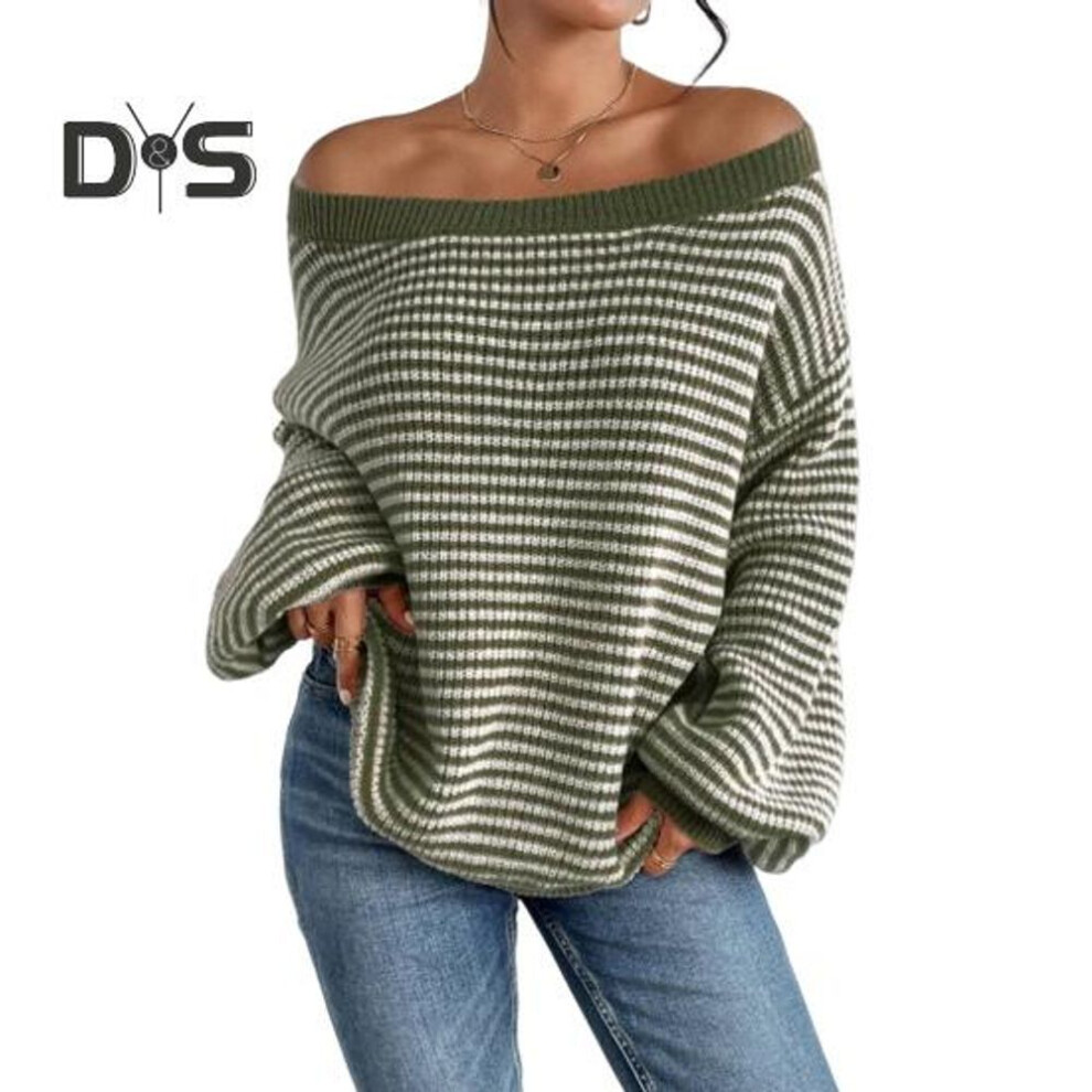 (M, green) Women Sweater Off Shoulder Oversized Long Sleeve Knit Pullover Top Loose Fit Striped Print Soft Stretchy Knitting Tops