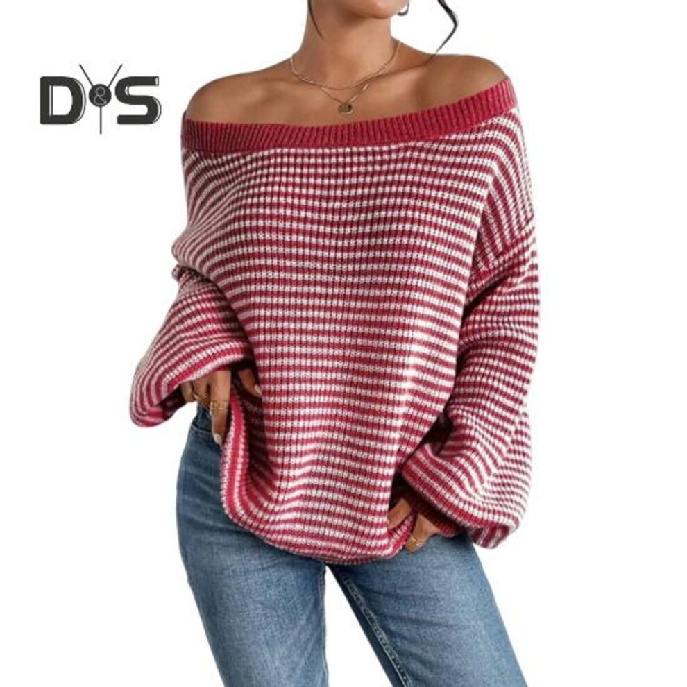 (S, red) Women Sweater Off Shoulder Oversized Long Sleeve Knit Pullover Top Loose Fit Striped Print Soft Stretchy Knitting Tops