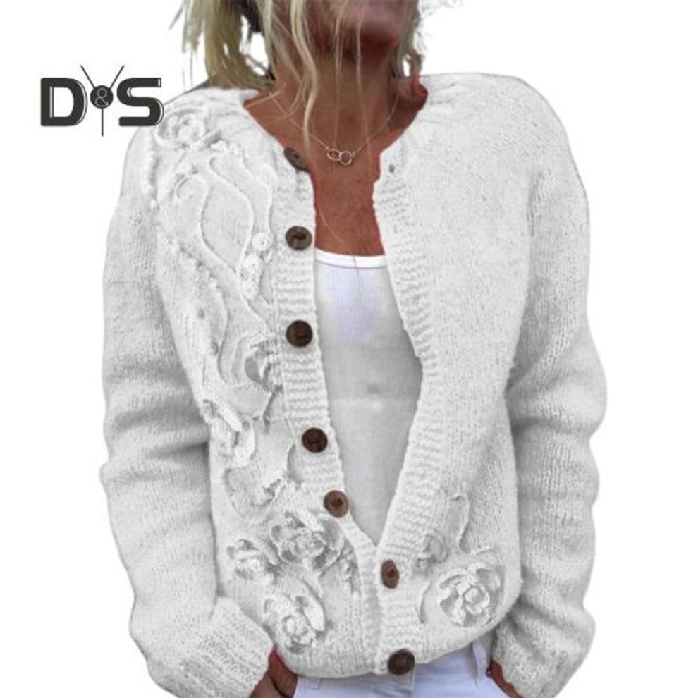 (XXL, white) Women Sweater Cardigan Round Neck Long Sleeve 3D Flower Pattern Button Up Knit Jacket Thickened Warm Fall Winter Tops