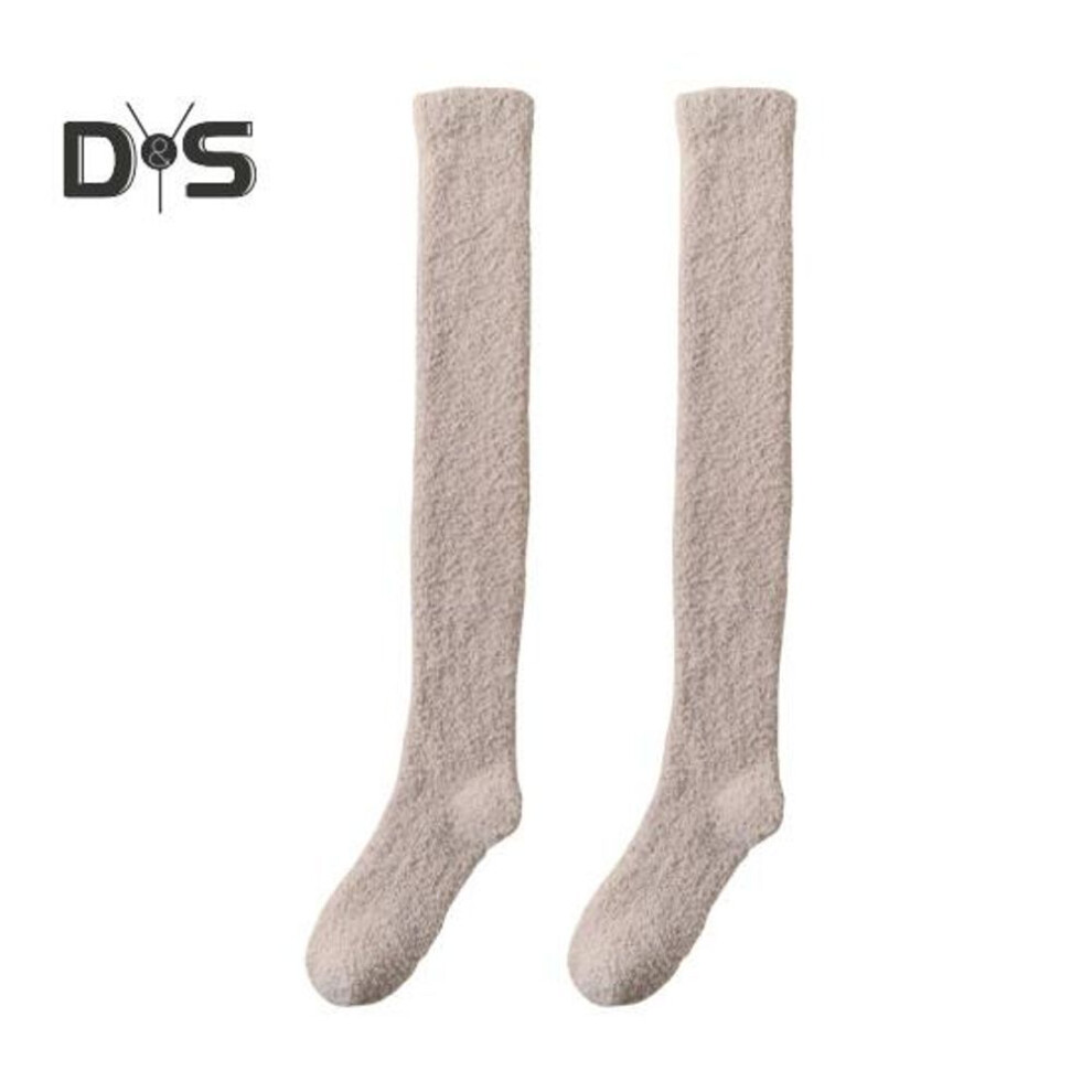 (light grey) 1 Pair Women Winter Socks Tihick Plush Over Knee Socks Anti-slip Coral Fleece Solid Color Warm Thickened Stockings Warmth Socks for Various Occasions