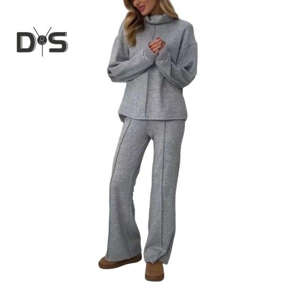 (grey, L) 2 Pcs/set Women Top Pants Suit High Collar Long Sleeves Solid Color Knitted Sport Sweatshirt Elastic Waist Wide Leg Trousers Fitness Outfit Fall