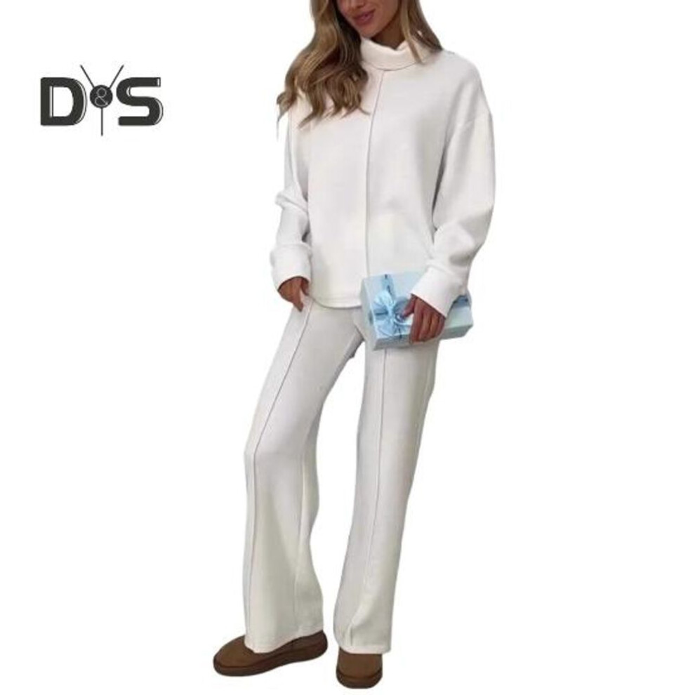 (white, 2XL) 2 Pcs/set Women Top Pants Suit High Collar Long Sleeves Solid Color Knitted Sport Sweatshirt Elastic Waist Wide Leg Trousers Fitness Outfit Fall